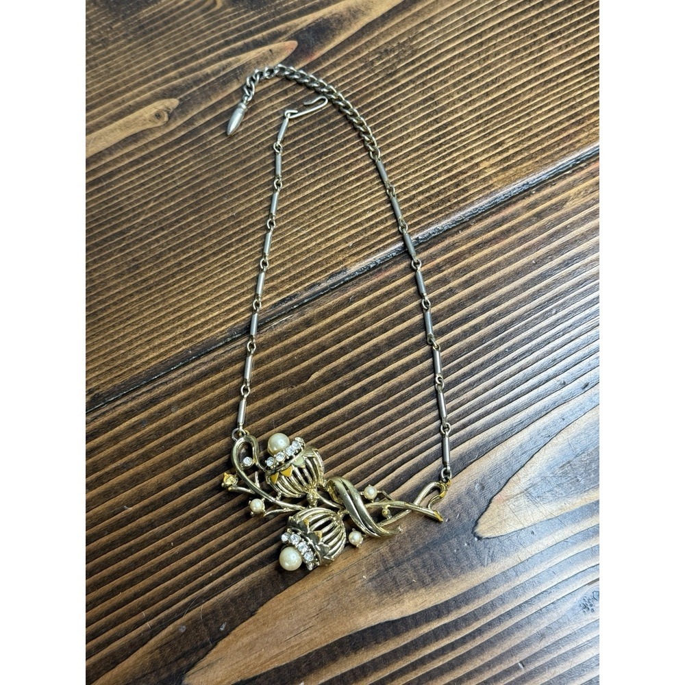 Vintage Coro 1940 Floral Faux Pearl Rhinestone Choker Necklace Gold Tone